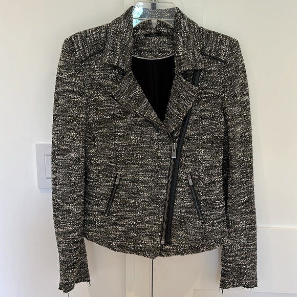 Ikks Tweed Motorcycle Jacket Grey White Black Front Diagonal Zipper size 38 - Picture 2 of 6